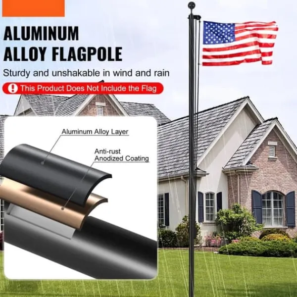 20FT Aftageligt Flagstangssæt, Heavy Duty Aluminium, Sort Flagstang, Holdbar Kvalitet, Let At Montere Flag & Vindposer