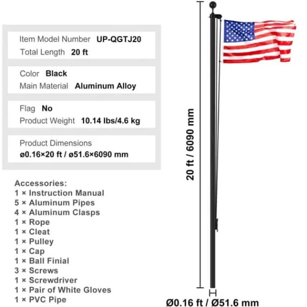 20FT Aftageligt Flagstangssæt, Heavy Duty Aluminium, Sort Flagstang, Holdbar Kvalitet, Let At Montere Flag & Vindposer