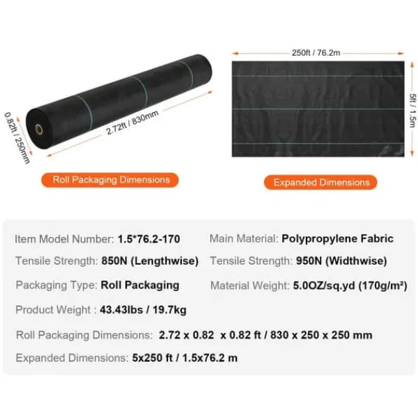 Haveduge^5FTx250FT Premium Ukrudtsbarriere, 5OZ Geotekstil til indkørsler, høj permeabilitet, effektiv ukrudtsbekæmpelse.