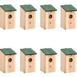 Til Fugle & Småvildt^Fuglehuse i træ - 8 stk. | Størrelse: 12x12x22 cm | Farve: Træfarvet med grønt tag