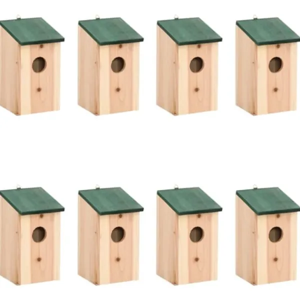 Til Fugle & Småvildt^Fuglehuse i træ - 8 stk. | Størrelse: 12x12x22 cm | Farve: Træfarvet med grønt tag