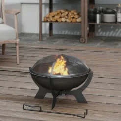 New Fuleadture Ildskål Ø54cm Metal Ildskål med Gnistbeskyttelse, Schürhake og håndtag til udendørs, BBQ, Sort Tilbehør Til Brændeovne & Pejse
