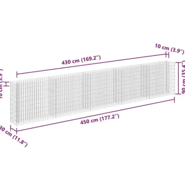 Plantningsbænke^Gabion-højbed i galvaniseret stål - Stabil plantekasse | Størrelse: 450x30x90 cm