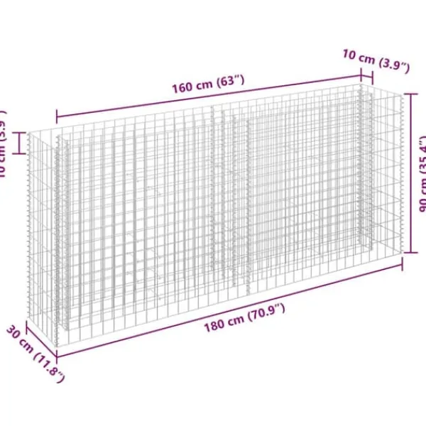 Outlet Gabion-højbed i galvaniseret stål - Holdbar plantekasse | Størrelse: 180x30x90 cm | Farve: Sølv Krukker & Plantebeholdere