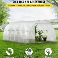 Hot Gang-tunnel drivhus, 20 x 10 x 7 ft bærbar plantevarmehus med stålbøjler, topbjælker, lynlåsdøre og rullevinduer. Hvid elegance! Drivhus