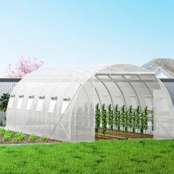 Hot Gang-tunnel drivhus, 20 x 10 x 7 ft bærbar plantevarmehus med stålbøjler, topbjælker, lynlåsdøre og rullevinduer. Hvid elegance! Drivhus