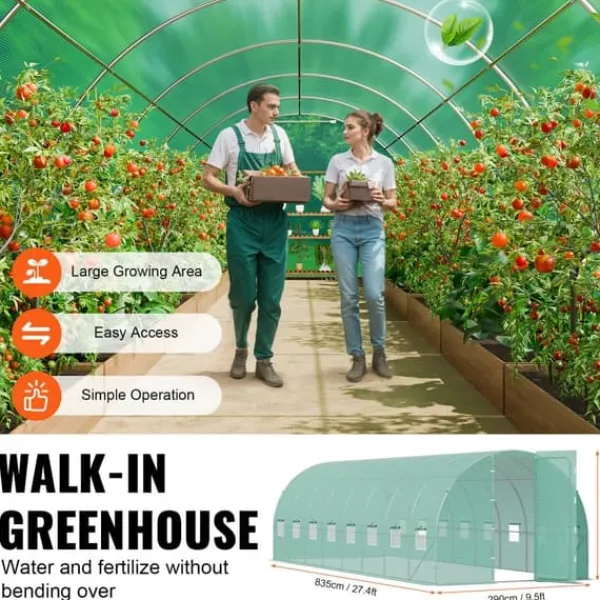 Drivhus^Gang-tunnel drivhus 27,38x9,5x7,38ft, galvaniseret ramme, PE cover, holdbar, velegnet til planter, hurtig opsætning.