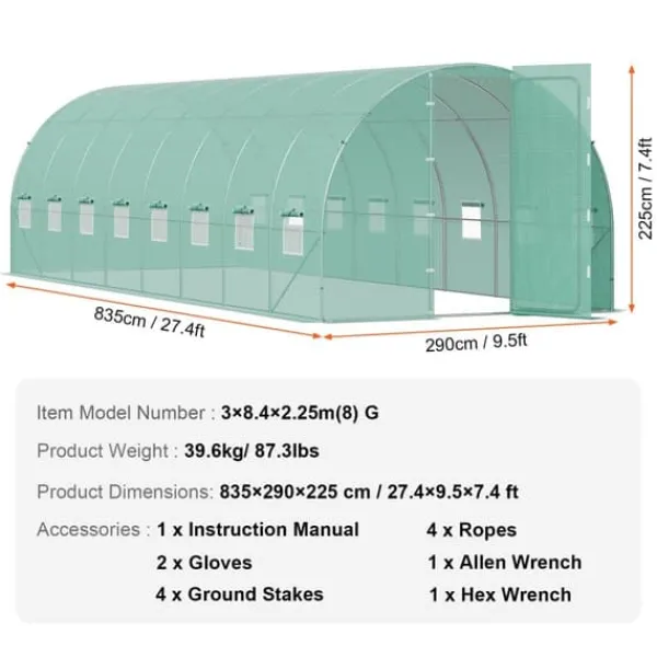Drivhus^Gang-tunnel drivhus 27,38x9,5x7,38ft, galvaniseret ramme, PE cover, holdbar, velegnet til planter, hurtig opsætning.