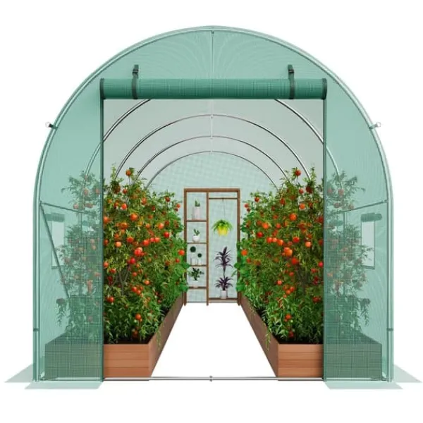 Best Gå-inde Tunnel Drivhus 14,6x6,36x6,3ft Galvaniseret Ramme, PE Cover, Grøn, Holdbar og Vejrbestandig Drivhus