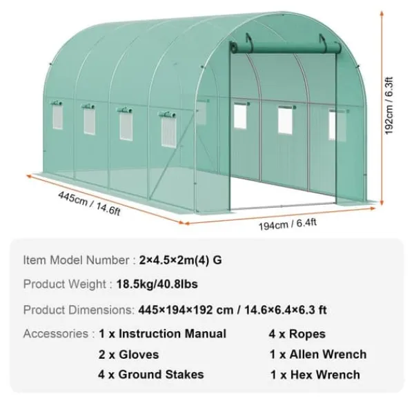 Best Gå-inde Tunnel Drivhus 14,6x6,36x6,3ft Galvaniseret Ramme, PE Cover, Grøn, Holdbar og Vejrbestandig Drivhus