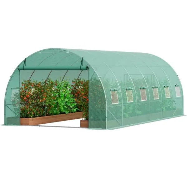 Online Gå-inden-til Tunnel Drivhus 19,36x9,68x6,5ft Galvaniseret Ramme, PE Cover, Grøn, Stort Plads, Holder Varme Drivhus
