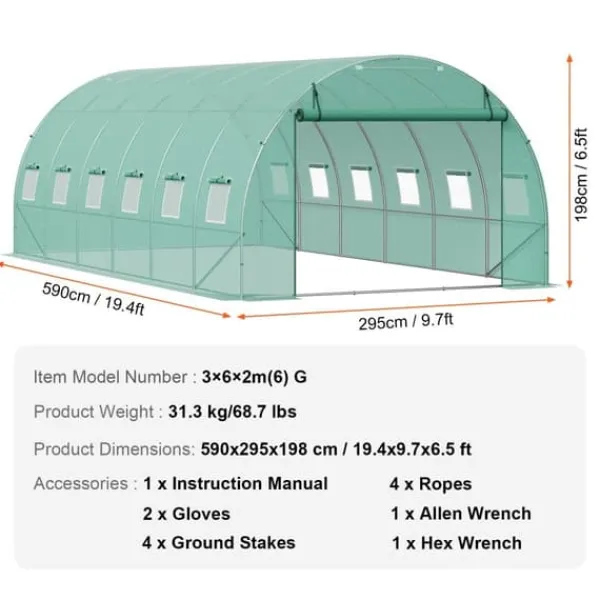 Online Gå-inden-til Tunnel Drivhus 19,36x9,68x6,5ft Galvaniseret Ramme, PE Cover, Grøn, Stort Plads, Holder Varme Drivhus