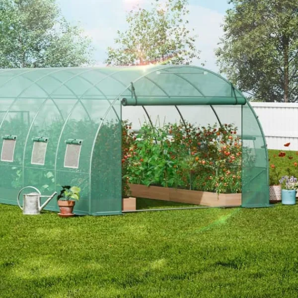 Online Gå-inden-til Tunnel Drivhus 19,36x9,68x6,5ft Galvaniseret Ramme, PE Cover, Grøn, Stort Plads, Holder Varme Drivhus