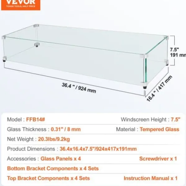 Tilbehør Til Brændeovne & Pejse^Glasvindskærm, Rektangulært ildbord, 92.4x41.7x19.1 cm, Glas