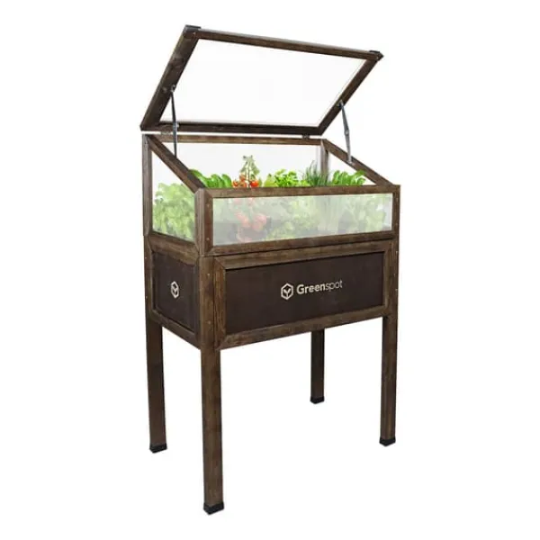 Drivhus^Greenspot Mini Drivhus med Overdækning til Altan og Terrasse 80x45x120 cm - Drivhus på en træplatform, Hævet træbed, Kold ramme med overdækning på høj | CDON