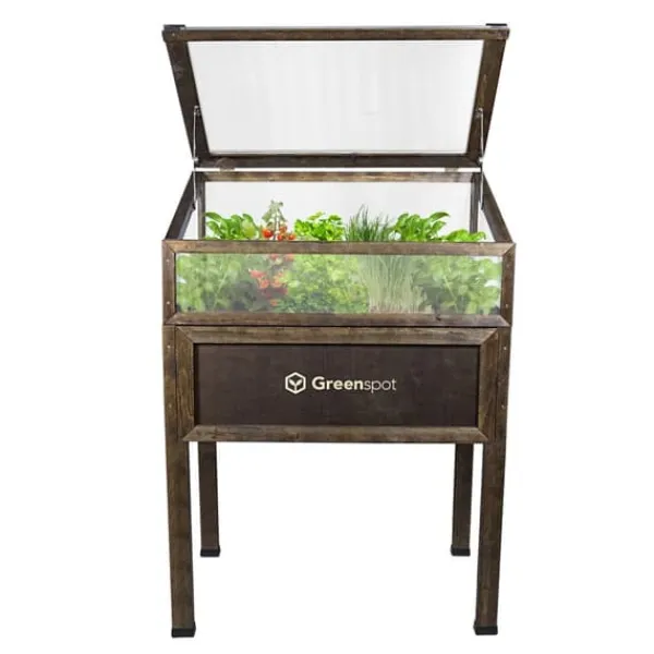 Drivhus^Greenspot Mini Drivhus med Overdækning til Altan og Terrasse 80x45x120 cm - Drivhus på en træplatform, Hævet træbed, Kold ramme med overdækning på høj | CDON