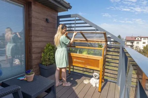 Drivhus^Greenspot Mini Drivhus med Overdækning til Altan og Terrasse 80x45x120 cm - Drivhus på en træplatform, Hævet træbed, Kold ramme med overdækning på høj | CDON