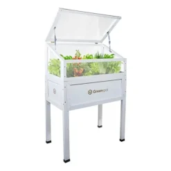 Drivhus^Greenspot Mini Drivhus med Overdækning til Altan og Terrasse 80x45x120 cm - Drivhus på en træplatform, Hævet træbed, Kold ramme med overdækning på høj | CDON