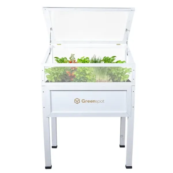 Drivhus^Greenspot Mini Drivhus med Overdækning til Altan og Terrasse 80x45x120 cm - Drivhus på en træplatform, Hævet træbed, Kold ramme med overdækning på høj | CDON