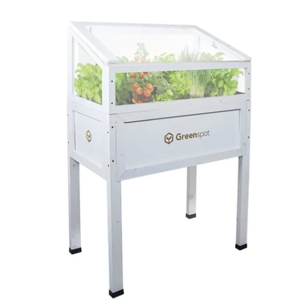 Drivhus^Greenspot Mini Drivhus med Overdækning til Altan og Terrasse 80x45x120 cm - Drivhus på en træplatform, Hævet træbed, Kold ramme med overdækning på høj | CDON