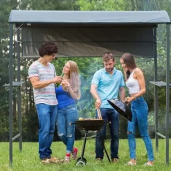 Telte & Lysthuse^Grillpavillon 218x138x216 cm, flammehæmmende tag, 2 hylder, polyester, sort