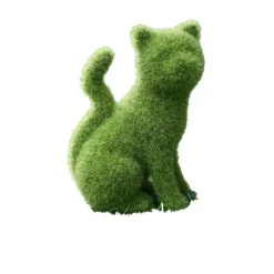Havedekorationer^Grøn Kat Sidder Dekoration i Harpiks med Græsagtig Flokning til Udendørs Have, Altan og Vinduessmykning Sitting kitten