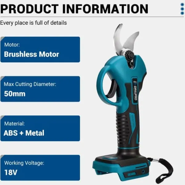 Haveværktøj^Havebeskærer - Batteridrevet beskæringssaks - 18V - 2 Batterier - Børsteløs Motor - 50 mm Skærediameter - Klinge i Højkulstofstål - EU-Stik - Rød/Sort | CDON