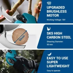 Haveværktøj^Havebeskærer - Batteridrevet beskæringssaks - 18V - 2 Batterier - Børsteløs Motor - 50 mm Skærediameter - Klinge i Højkulstofstål - EU-Stik - Rød/Sort | CDON
