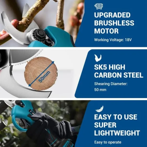 Haveværktøj^Havebeskærer - Batteridrevet beskæringssaks - 18V - 2 Batterier - Børsteløs Motor - 50 mm Skærediameter - Klinge i Højkulstofstål - EU-Stik - Rød/Sort | CDON