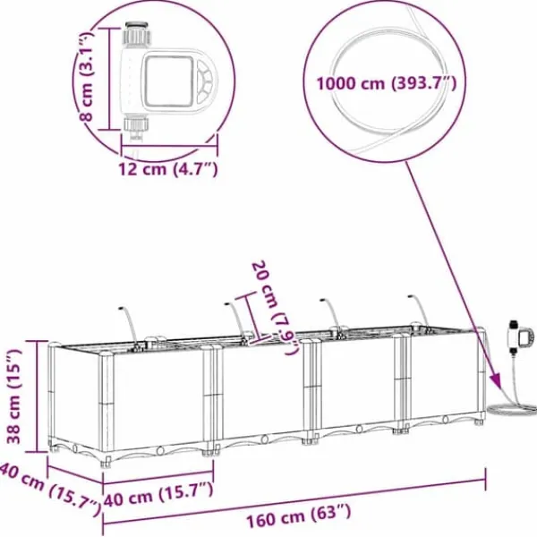 Havedåse med automatisk vanding - Moderne plantekasse i stål | Størrelse: 160x40x37,5 cm | Farve: Brun Plantningsbænke