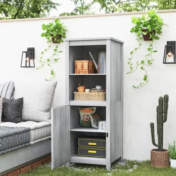 Best Havekabinet i træ 60×60×160 cm, aflåseligt med hylder, vejrbestandigt redskabsskur, lysegrå Skure, Garager & Carports