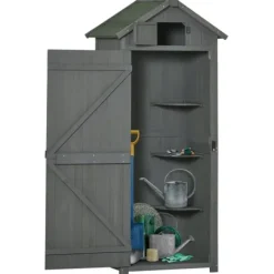 Clearance Havekabinet i træ med vindue & hylder, 77×54,2×179 cm, grå/grøn Skure, Garager & Carports