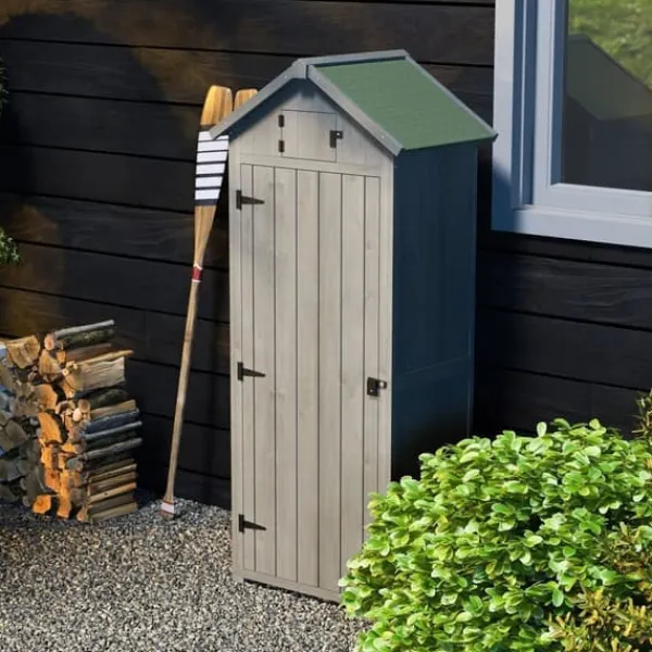 Clearance Havekabinet i træ med vindue & hylder, 77×54,2×179 cm, grå/grøn Skure, Garager & Carports