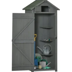 Outlet Havekabinet i træ med vindue & hylder, 77×54,2×179 cm, grå/grøn Skure, Garager & Carports