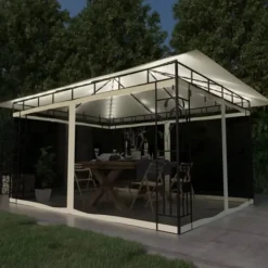 Telte & Lysthuse^Havemøbler pavillon med myggenet og solcelledrevne LED-lys | Farve: Creme | Størrelse: 4x3x2,73 m