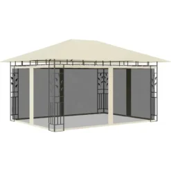 Telte & Lysthuse^Havemøbler pavillon med myggenet og solcelledrevne LED-lys | Farve: Creme | Størrelse: 4x3x2,73 m