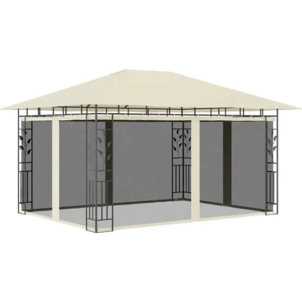 Telte & Lysthuse^Havemøbler pavillon med myggenet og solcelledrevne LED-lys | Farve: Creme | Størrelse: 4x3x2,73 m