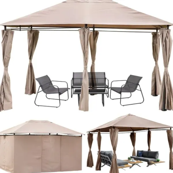 Telte & Lysthuse^Havepavillon 3x4m med SIDEVÆGGE og gardiner, vandtæt, STÆRKT TELT