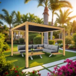 Buer, Spalier, Lysthuse Uden Tag^Havepergola 3x4 m ALUMINIUM 4 gardiner SIDE LED-belysning FJERNBETJENING