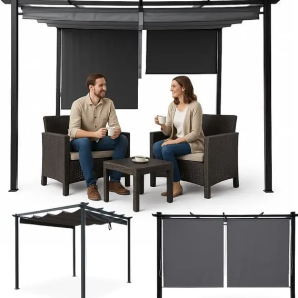 Buer, Spalier, Lysthuse Uden Tag^Havepergola 3x4 m stål 2,4 m vandtæt med 4 sidemarkiser