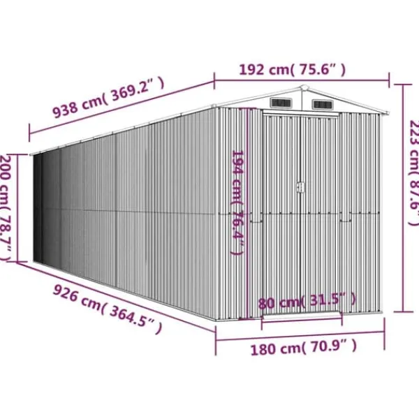 Skure, Garager & Carports^Haveskur i galvaniseret stål - Rummelig opbevaring | Farve: Mørkebrun | Størrelse: 192x938x223 cm