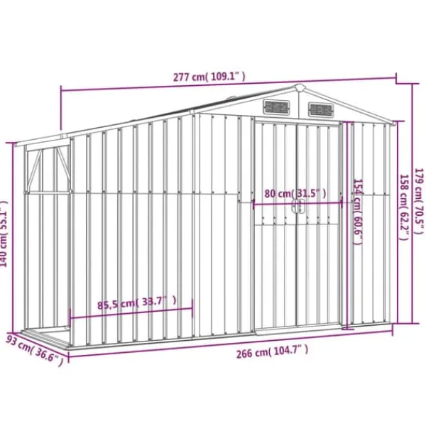 Online Haveskur i galvaniseret stål - Udendørs opbevaring | Farve: Grøn | Størrelse: 277x93x179 cm Skure, Garager & Carports