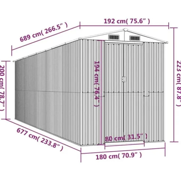 Skure, Garager & Carports^Haveskur i galvaniseret stål - Rummelig opbevaring | Farve: Mørkebrun | Størrelse: 192x689x223 cm