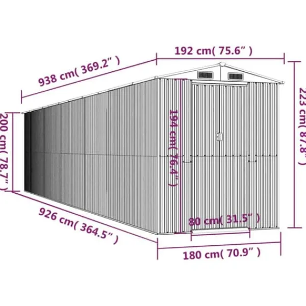 Skure, Garager & Carports^Haveskur i galvaniseret stål - Rummelig opbevaring | Farve: Grøn | Størrelse: 192x938x223 cm
