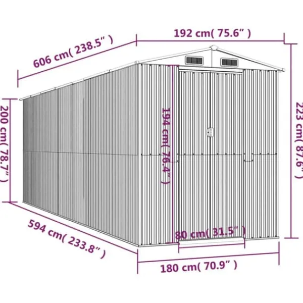 Skure, Garager & Carports^Haveskur i galvaniseret stål - Rummelig opbevaring | Farve: Lysegrå | Størrelse: 192x606x223 cm