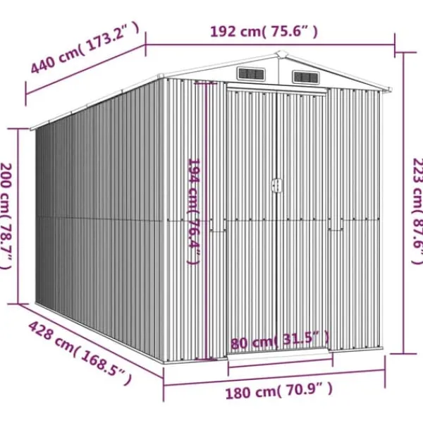 Online Haveskur i galvaniseret stål - Rummeligt opbevaringsskur | Farve: Antracitgrå | Størrelse: 192x440x223 cm Skure, Garager & Carports