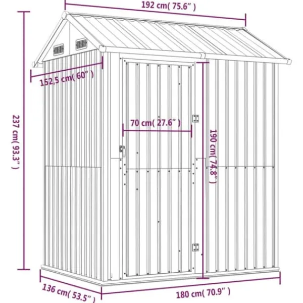 Haveskur i galvaniseret stål - Multifunktionelt opbevaringsskur | Størrelse: 192x152,5x237 cm | Farve: Lysegrå Skure, Garager & Carports