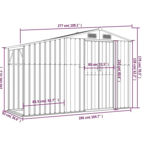 Clearance Haveskur i galvaniseret stål - Opbevaring til haven | Størrelse: 277x93x179 cm | Farve: Brun Skure, Garager & Carports