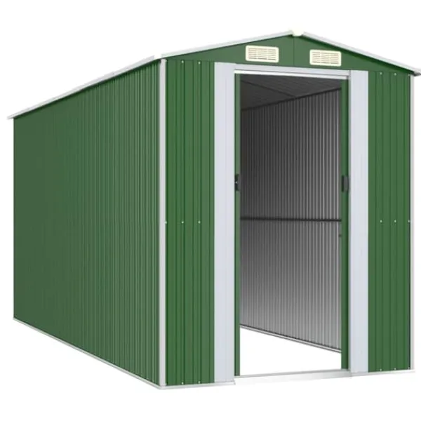 Sale Haveskur i galvaniseret stål - Rummeligt opbevaringsskur | Farve: Grøn | Størrelse: 192x440x223 cm Skure, Garager & Carports