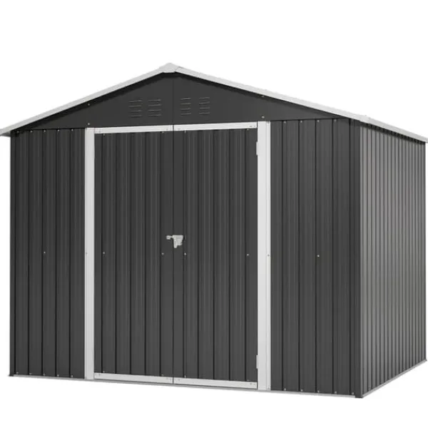 Skure, Garager & Carports^Haveskur i metal 240×192,3×191 cm med skydedør og 4 ventilationsåbninger, aflåseligt haveskur